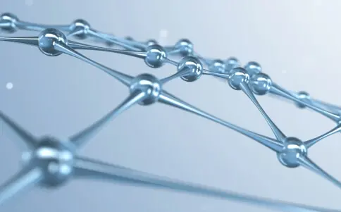 Futuristic 3D illustration of a connected lattice structure with metallic spheres and rods on a light blue background.