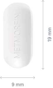 White Metformin tablet labeled vertically, with dimensions marked as 19 mm in height and 9 mm in width.