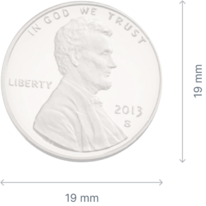 U.S. penny featuring Abraham Lincoln, with labeled dimensions showing 19 mm height and width.