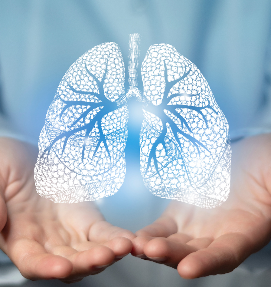 Close-up of a person’s hands held open with a glowing digital illustration of human lungs floating above them. The image suggests a medical or healthcare concept, with a light blue background and clinical setting.