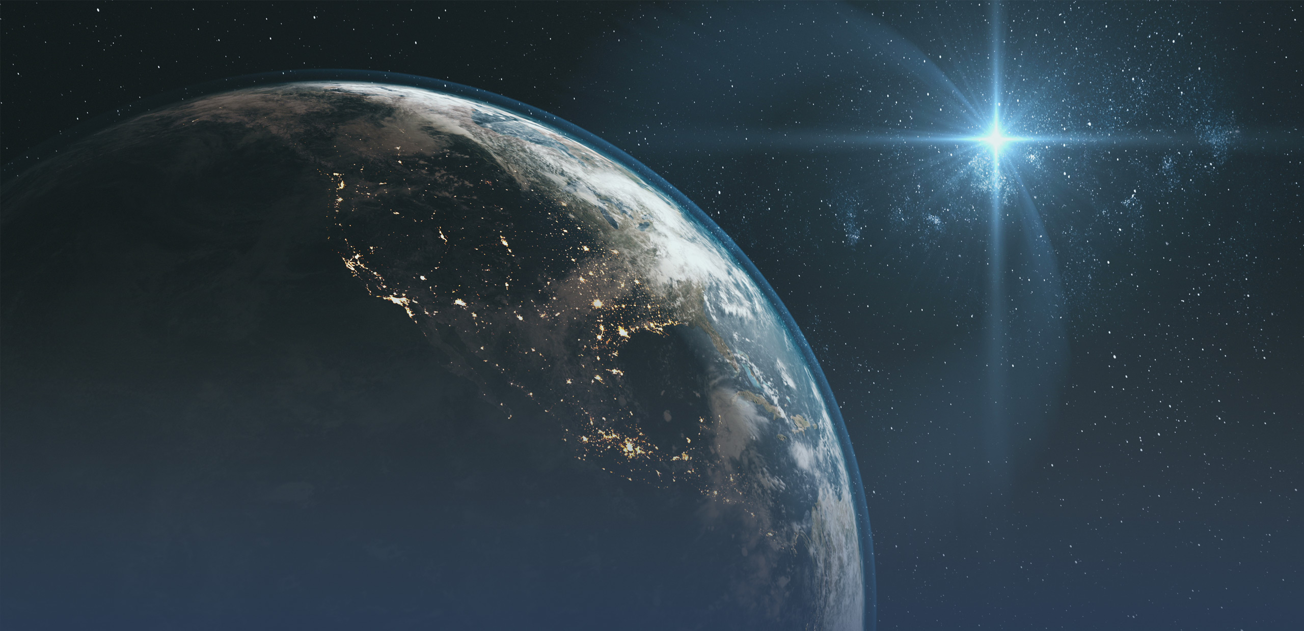 A detailed view of Earth from space showing North and Central America illuminated by city lights at night. The planet curves into shadow on the left, while a bright blue star shines prominently in the right background against a star-filled sky.