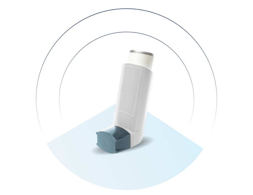 White and blue asthma inhaler standing upright on a light blue semi-circular platform, with dark blue concentric arcs on a black background.