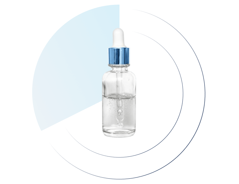 Clear glass dropper bottle with a silver and white cap containing transparent liquid, placed in front of a blue quarter-circle segment and concentric dark blue arcs on a black background.