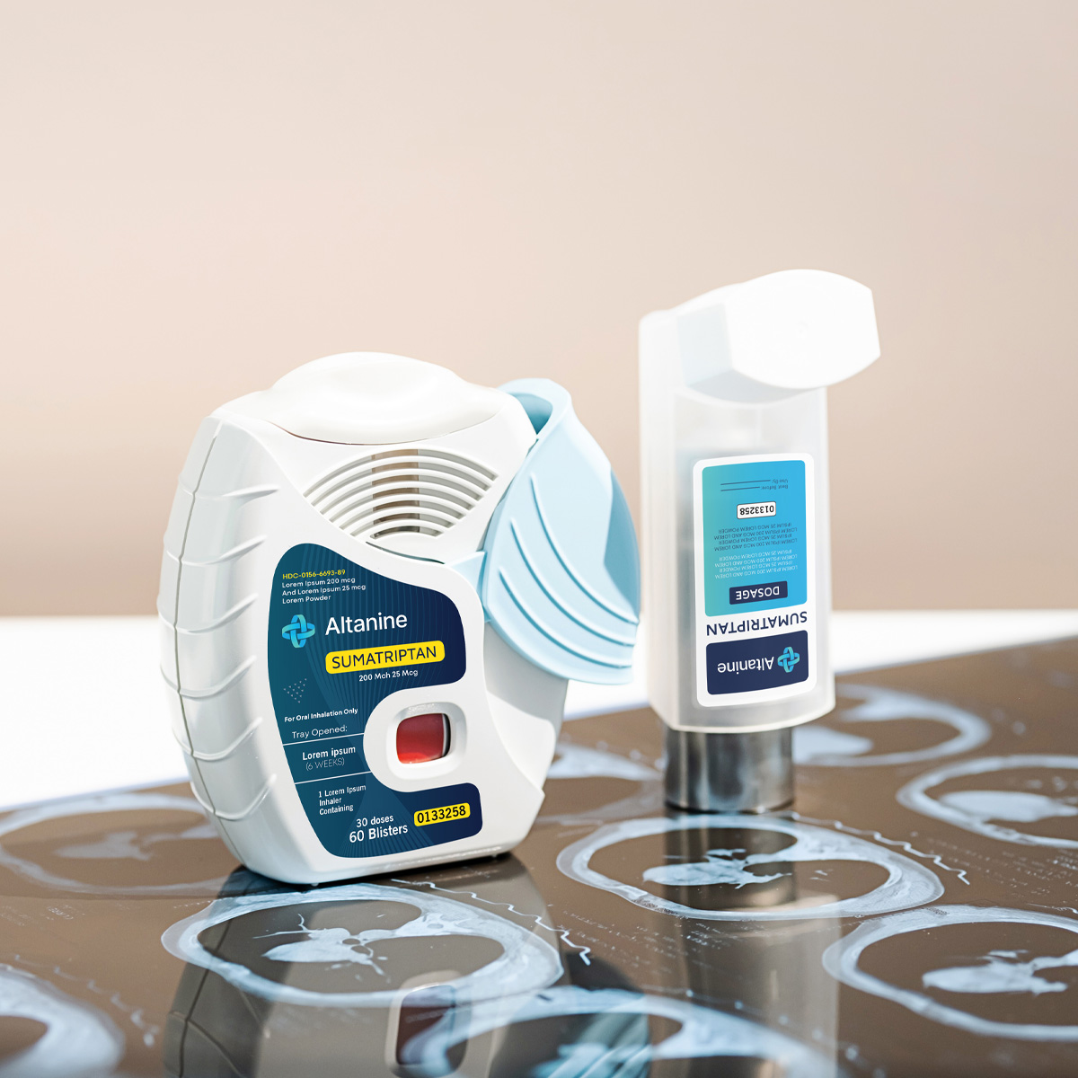 Two Altanine-branded Sumatriptan inhalers placed on top of brain scan film. The front device features a white and blue design with a red activation button, labeled with dosage information of 200 Mcg / 25 Mcg and product code 0133258. The second device is a transparent dispenser labeled for dosage, illustrating advanced migraine drug delivery solutions.
