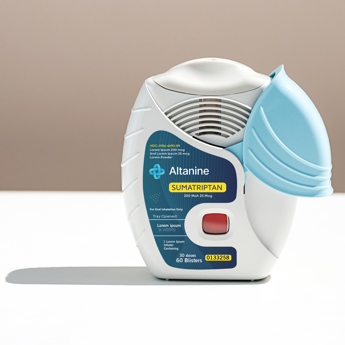 Altanine Sumatriptan inhalation device with a white body and light blue mouthpiece, displayed upright on a white surface against a soft beige background. The label includes dosage information of 200 Mcg / 25 Mcg, a red activation button, and product code 0133258, designed for migraine relief via oral inhalation.