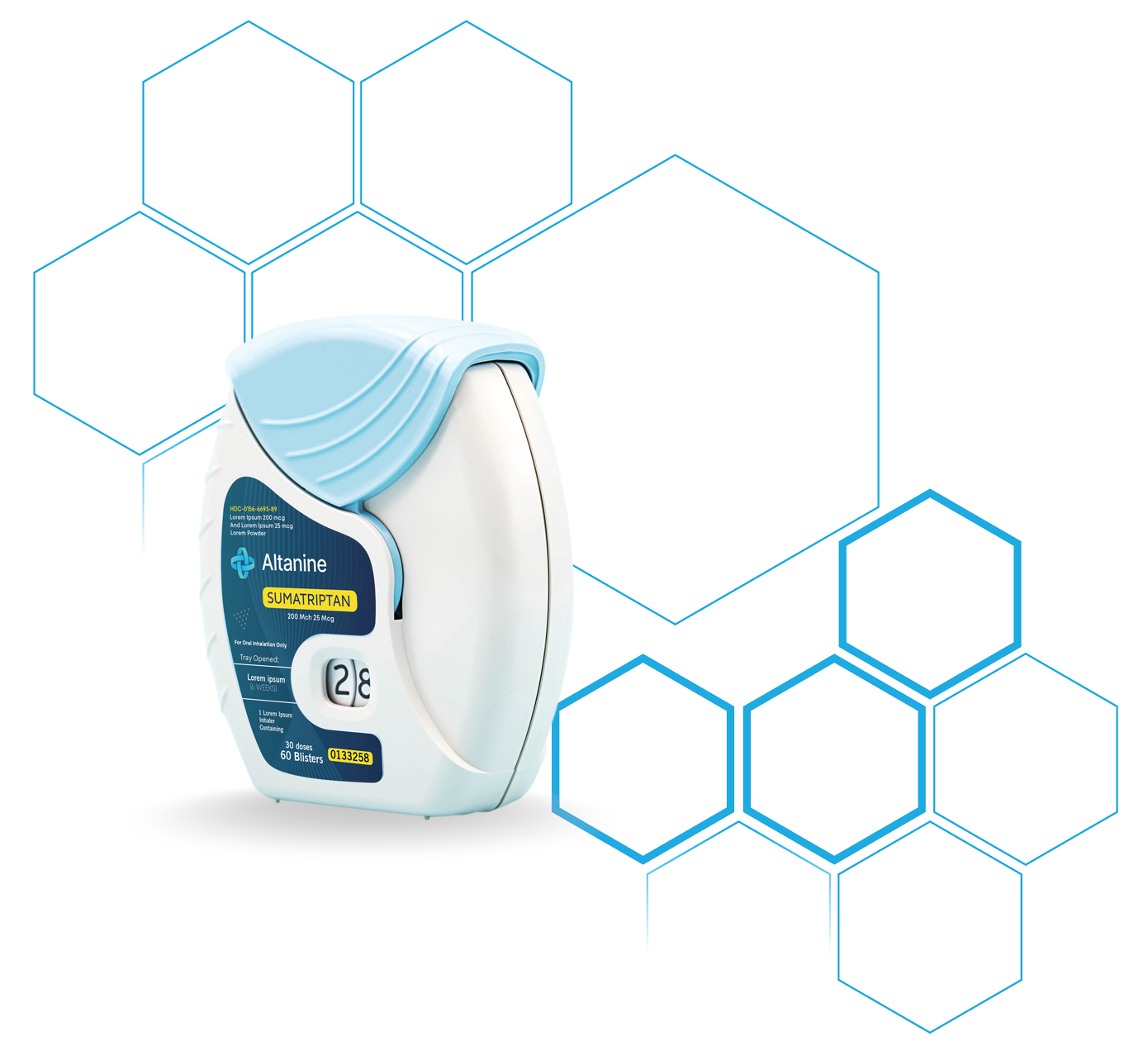 Altanine Sumatriptan inhalation device with a sleek white body and light blue mouthpiece, labeled with dosage and product code 0133258, positioned against a black background with a pattern of blue outlined hexagons representing scientific innovation.