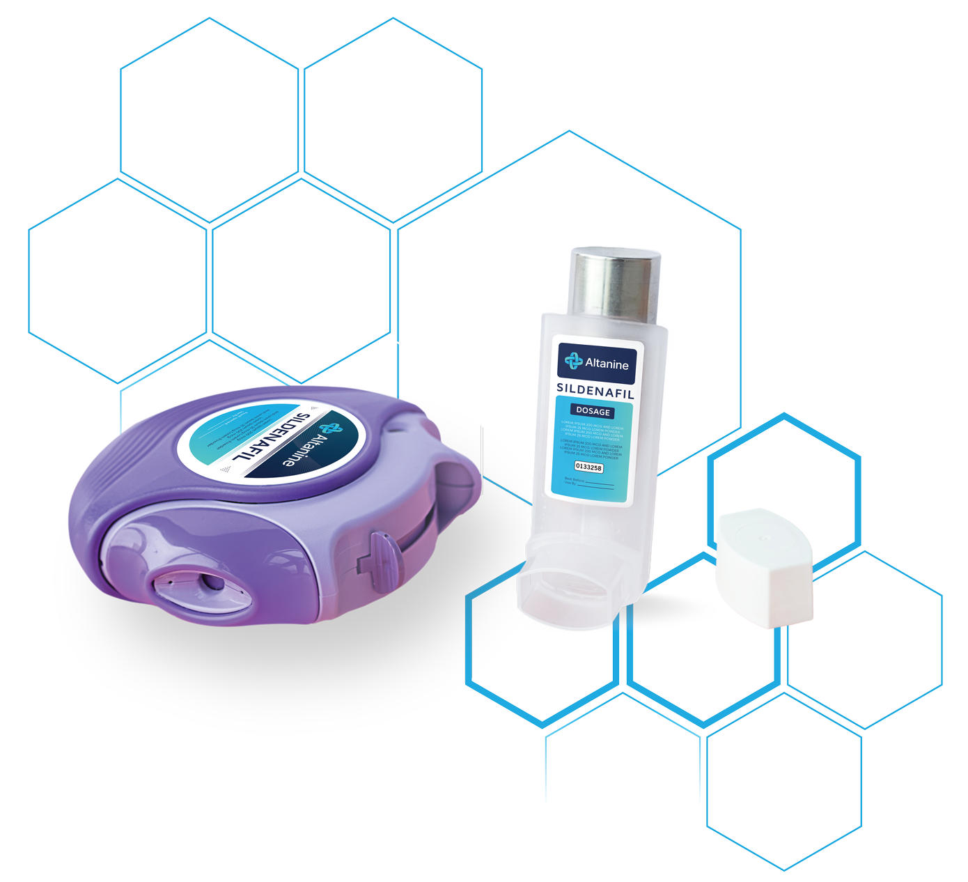 Two Altanine-branded Sildenafil inhalation devices placed on a black background with a blue hexagonal molecular pattern. One device is a compact, round purple inhaler, and the other is a transparent dispenser with a dosage label and white cap, highlighting advanced respiratory delivery for pharmaceutical treatment.
