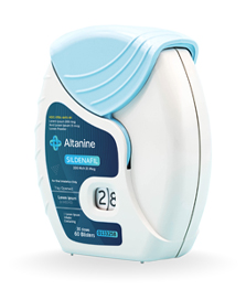 Altanine Sildenafil inhaler device with blue and white casing, labeled for 200 mcg dosage and 60 doses.