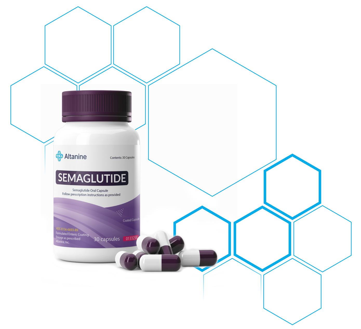Altanine Semaglutide capsule container against a soft gradient background, emphasizing the product's modern pharmaceutical design with clean labeling and a purple-accented lid.
