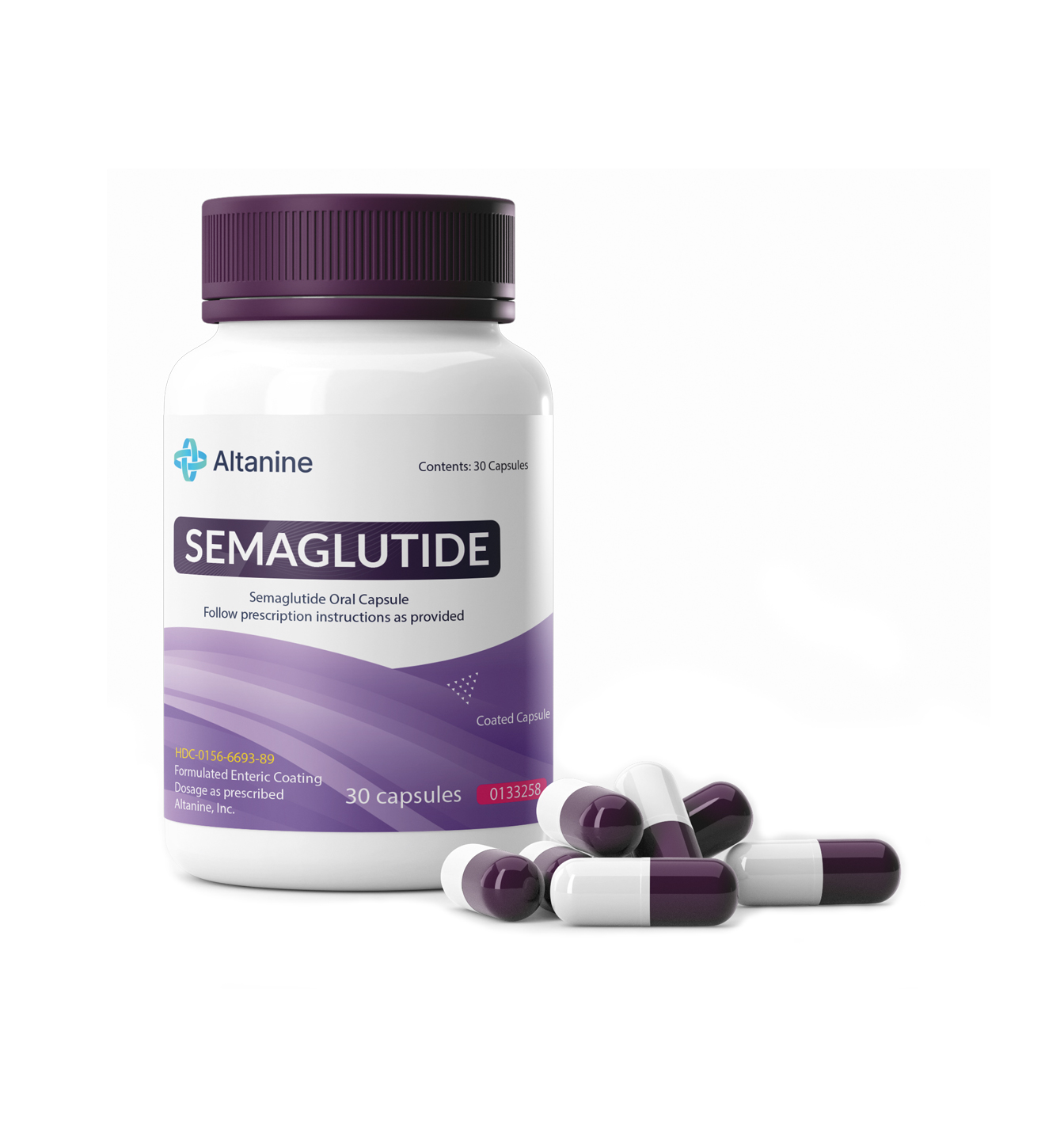 White bottle labeled Altanine Semaglutide, containing 30 coated oral capsules with purple and white color scheme. Text includes dosage instructions, product code HDC-0156-6693-89, and serial number 0133259. Several capsules are scattered beside the bottle on a white background.