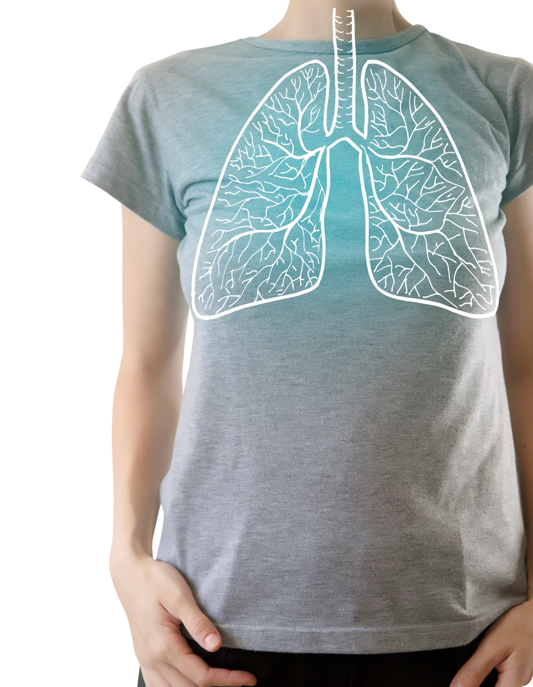 Person wearing a gray shirt with an anatomical illustration of lungs printed on the chest area, symbolizing respiratory health and lung function.