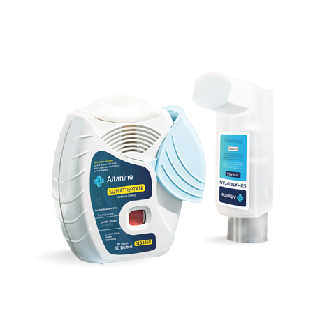 Two Sumatriptan medication boxes and blister packs displayed side by side, showcasing packaging design and product form.