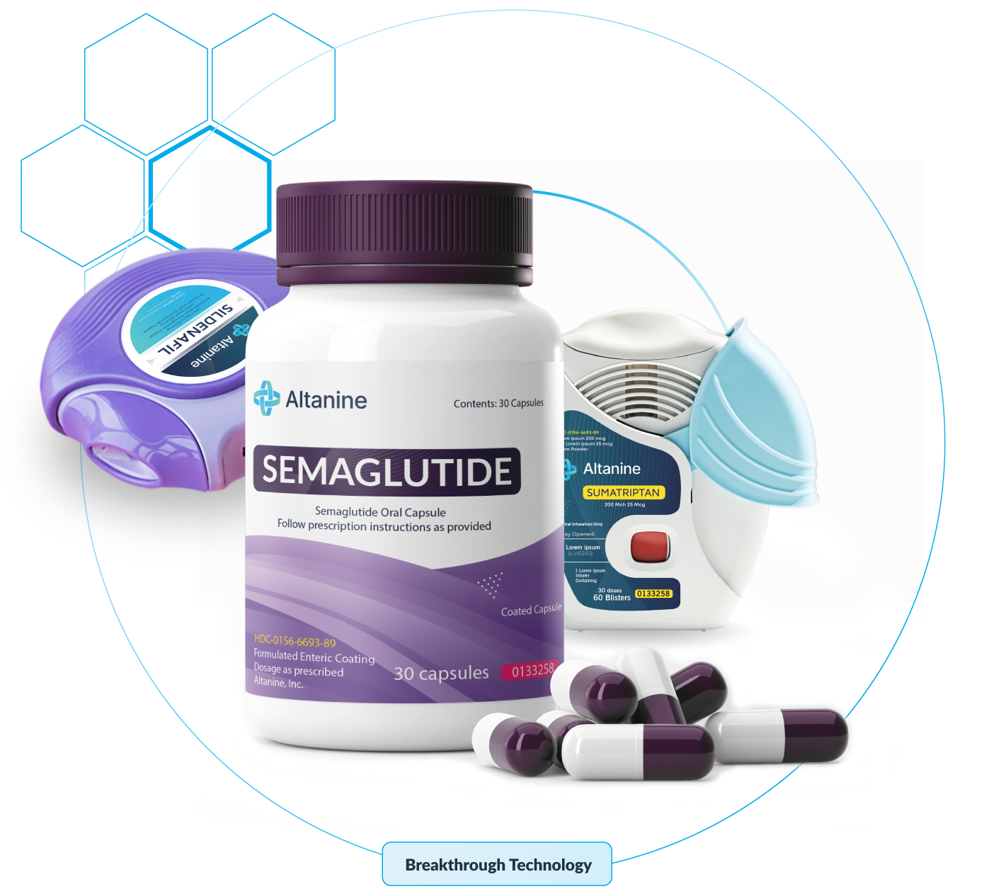 Three circular medication containers neatly aligned on a white background, showcasing different product variants with distinct labeling.