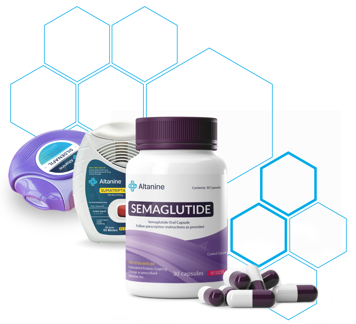 Abstract pharmaceutical container design with overlapping semi-transparent circles in blue and gray tones, showing drug packaging for GLP-1 receptor agonists, insulin therapies, and other modern medications, with gradient shading and a contemporary geometric background for healthcare presentations or websites.