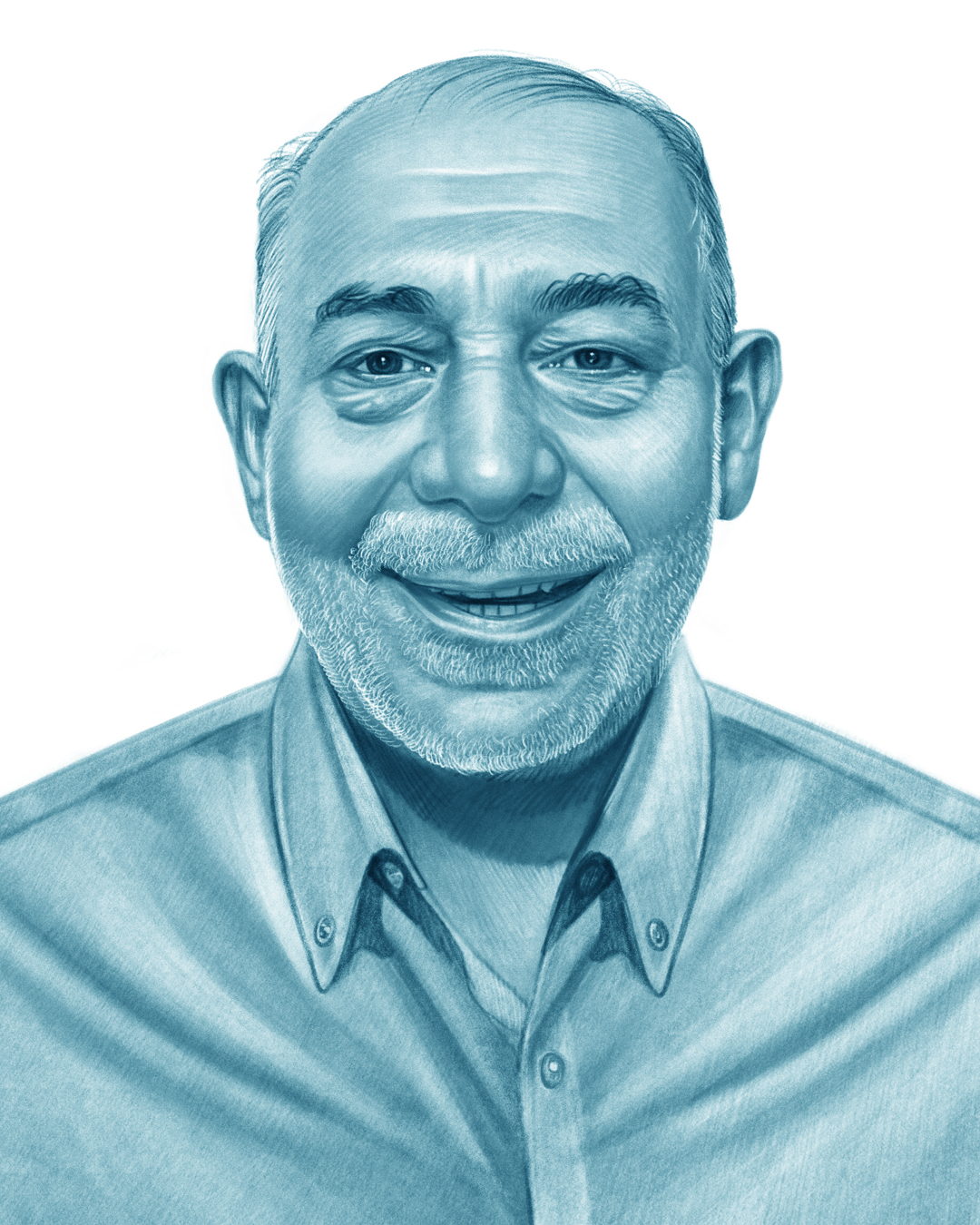 Portrait of George Caruolo wearing a dark suit jacket and striped tie, smiling gently against a light background.